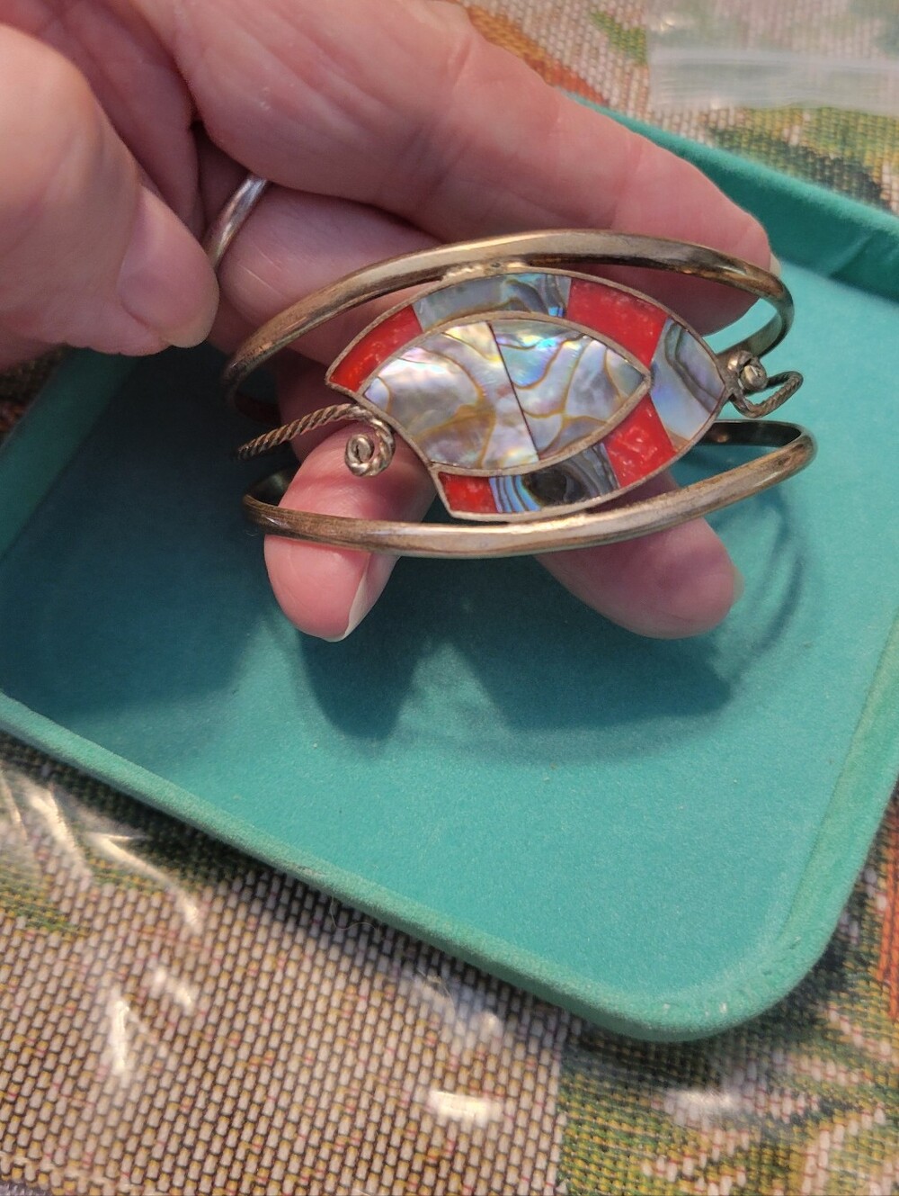 Vintage Handcrafted Mother-of-Pearl and Coral Inlay Cuff Bracelet